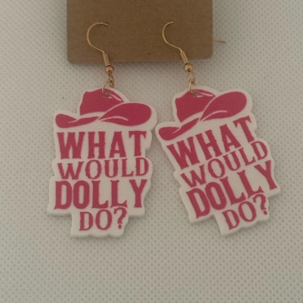 What Would Dolly Do? Earrings – Pink Acrylic Cowboy Hat Dangle – NWT